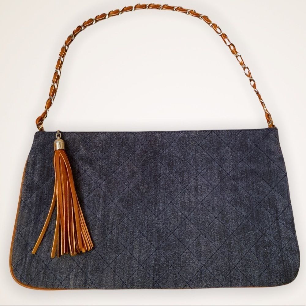 CHICO’S Genuine Suede Quilted Tassel Chain Strap Clutch Purse